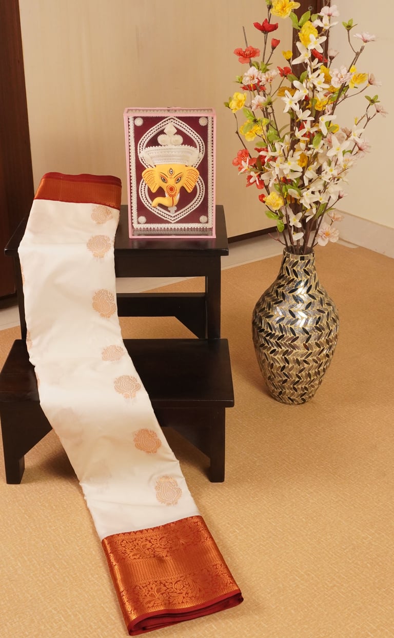 White and Red Semi Kanchivaram Silk Saree