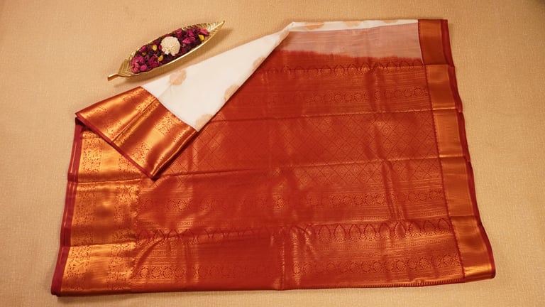 White and Red Semi Kanchivaram Silk Saree