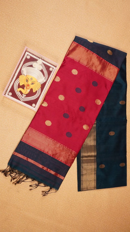Deep Navy Blue and Pink Traditional Handloom Maheshwari Saree