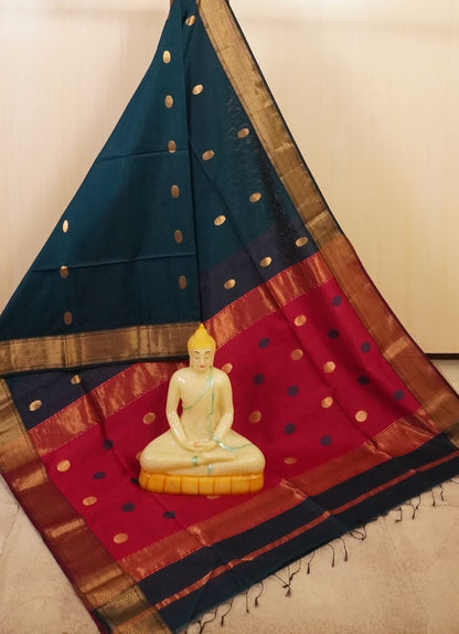 Deep Navy Blue and Pink Traditional Handloom Maheshwari Saree