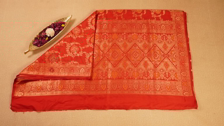 Red Semi Muga Banarasi Silk Saree with Rich Zari Work